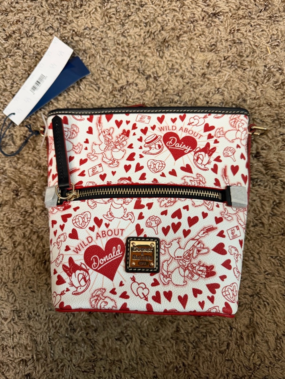 Dooney & Bourke Red and White Daisy & Donald Heart Print Crossbody Bag